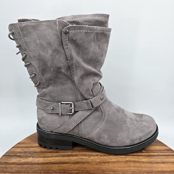 Torrid Boots Womens 10.5 Wide Gray Mid Calf Combat Moto Buckle Back Lace Up - Picture 1 of 8